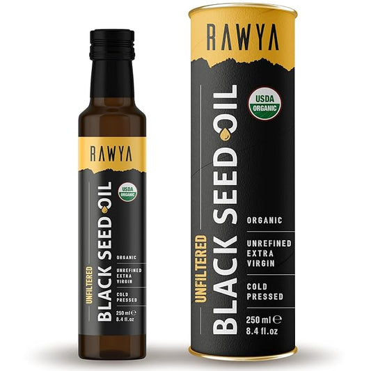 RAWYA Black Seed Oil - Organic Cold Pressed Nigella Sativa - Turkish Origin - USDA Organic - Natural Supplement - Black Cumin Seed Oil - Rich Flavor & High Concentration - 250ml Glass Bottle