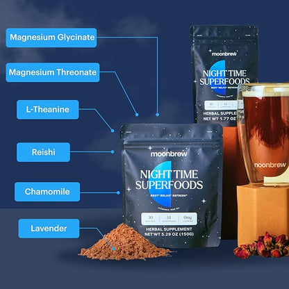 MoonBrew Magnesium Sleep Tea: Natural Melatonin-Free 14 Superfoods Whole30 & 30 Servings (4) Pack