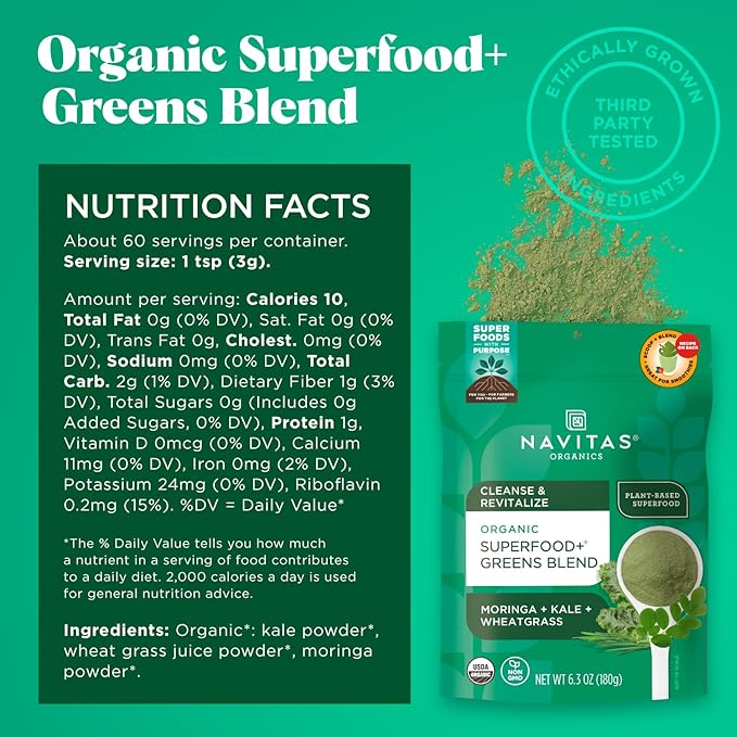 Navitas Organics Superfood+ Greens Blend for Detox Support (Moringa + Kale + Wheatgrass), 6.3oz Bag, 30 Servings — Organic, Non-GMO, Vegan, Gluten-Free, Keto & Paleo.…