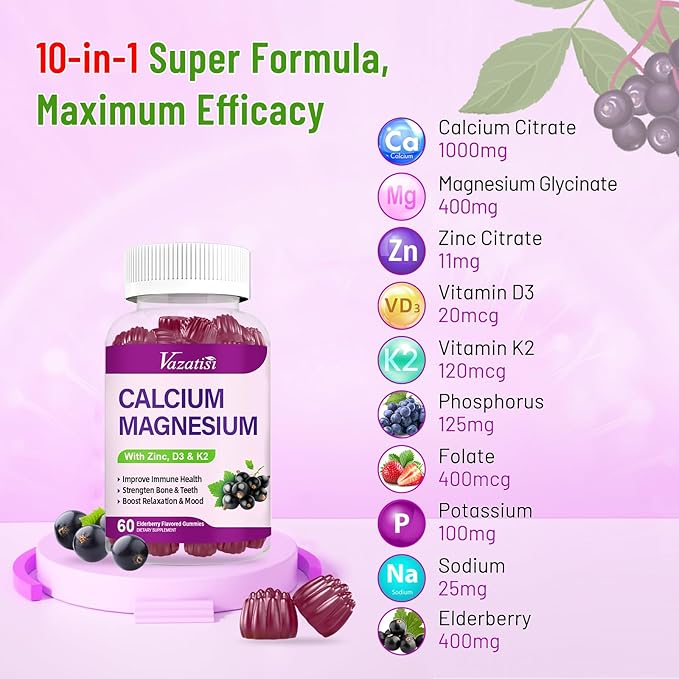 Calcium Magnesium Zinc Gummies with Vitamin D3 & K2, High 120 Gummies…