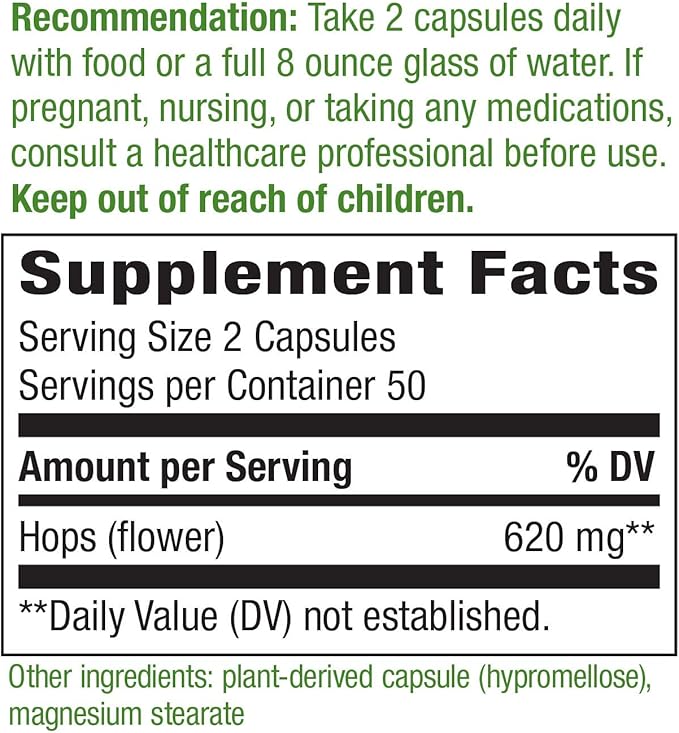 Nature’s Way Hops Flowers 620 mg 2-capsule serving 100 Capsules 2)