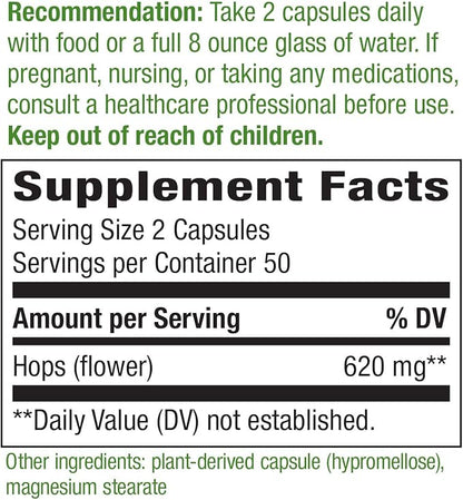 Nature’s Way Hops Flowers 620 mg 2-capsule serving 100 Capsules 2)