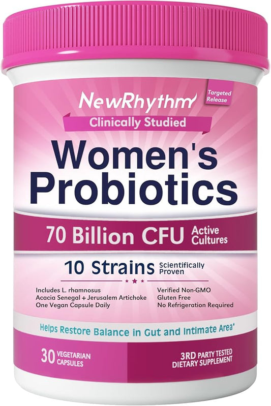 NewRhythm Women's Probiotics, Organic Prebiotics, 70 10 Strains, 30 Vegan