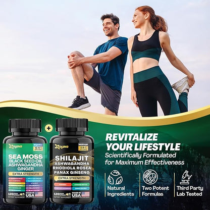 Zoyava Dynamic Vitality Bundle, Sea Moss 7000mg, Black 4000mg, Ashwagandha 2000mg, Ginger 9000mg, Rhodiola 1000mg, Panax (2 Pack)