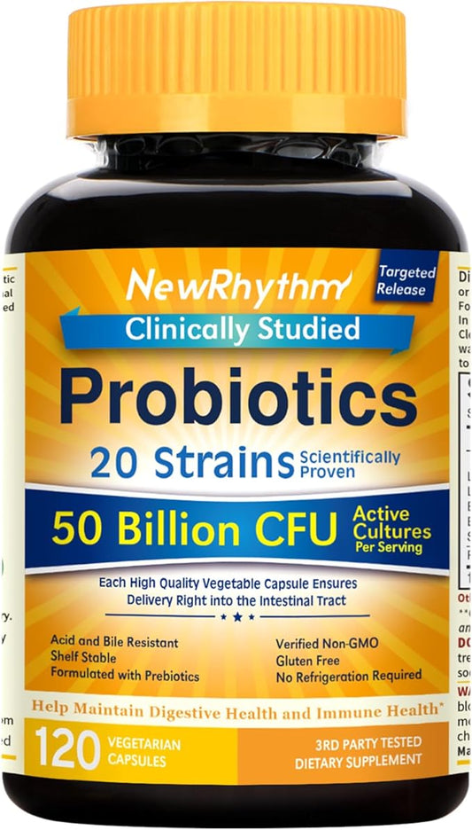 NewRhythm Probiotics 50 Billion CFU 20 120 Veggie 1, Non-GMO,