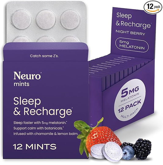 Neuro Melatonin 5mg Sleep & Recharge Mints (144 Pieces) - Fast Dissolve Melatonin Sugar Free Mints with Lemon Balm & Chamomile for Better Sleep - Calm Sleep Supplement for Adults - Night Berry Flavor