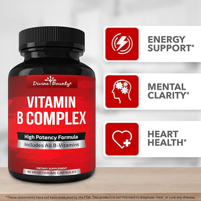 Divine Bounty Super B Complex Vitamins B12, B1, B1, B2, B2, B3, B3, B5, B5, B6, B6, B7, B7, B9, B9, Folic 90 Vegetarian