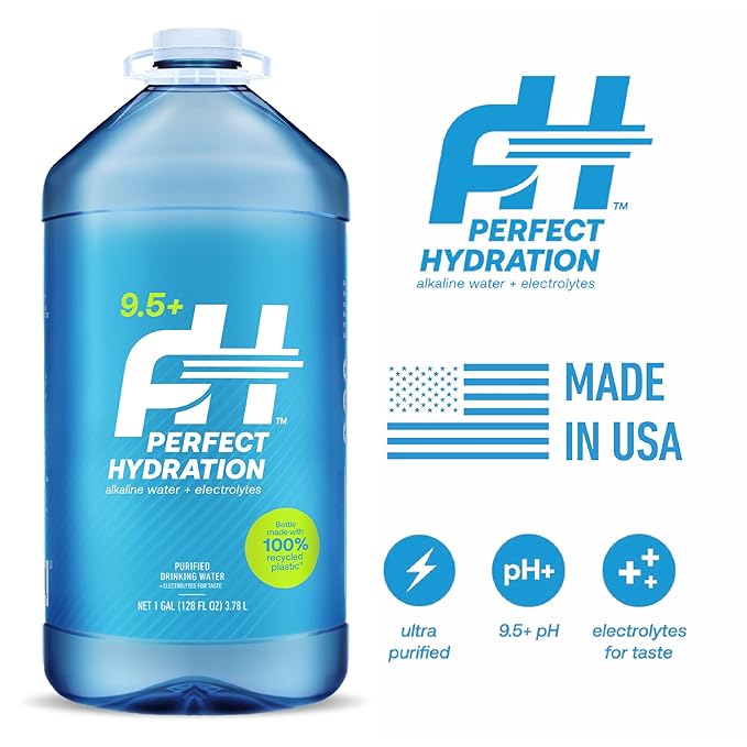 Perfect Hydration 9.5+ pH Alkaline Drinking Water, Electrolyte Minerals for Taste, 8 Gallons (2 Cases of 128 fl oz Jugs)