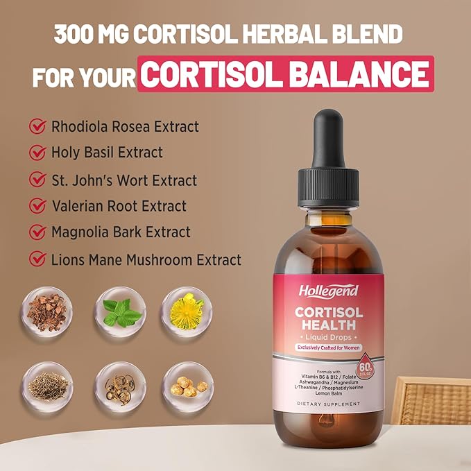Cortisol Supplement Liquid Drops, Lower Cortisol Supplements for Women, 16 in 1 Cortisol Reducer w. Ashwagandha, Magnesium, L-Theanine, Folate for Relaxation & Hormone Balance, Strawberry