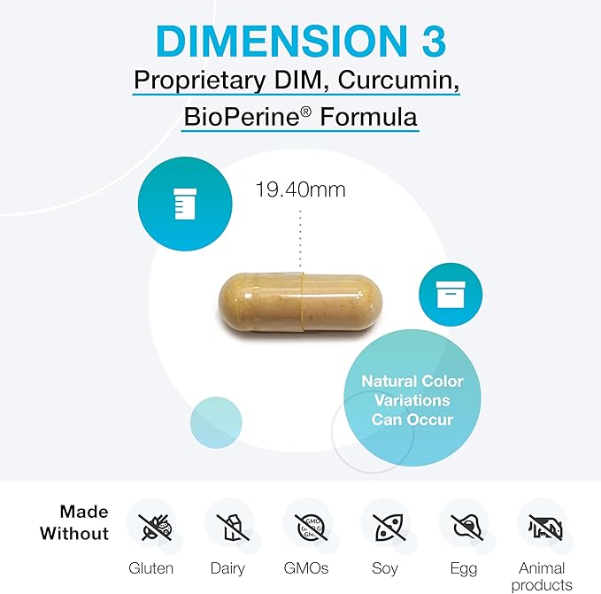 XYMOGEN Dimension 3 - Diindolylmethane DIM Supplement with Curcumin + BioPerine - Supports Healthy Estrogen Detox, Hormonal Balance for Women and Men - Menopause Relief + PMS Support (240 Capsules)