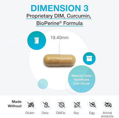 XYMOGEN Dimension 3 - Diindolylmethane DIM Supplement with Curcumin + BioPerine - Supports Healthy Estrogen Detox, Hormonal Balance for Women and Men - Menopause Relief + PMS Support (240 Capsules)