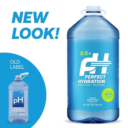 Perfect Hydration 9.5+ pH Alkaline Drinking Water, Electrolyte Minerals for Taste, 8 Gallons (2 Cases of 128 fl oz Jugs)