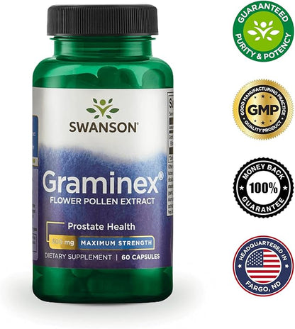 Swanson Maximum Strength Graminex Flower Pollen Extract - Supports Prostate Health, Urinary Tract Function, and Kidney Health - Mens Health Supplement - (60 Capsules, 500mg Each) (4 Pack)