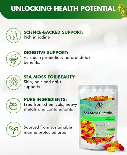 BIO VITALICA Sea Moss Gummies - Irish sea Moss raw Organic, Bladderwrack, Burdock Root. Contains Sea Moss Gel and Powder. Superfoods for Vegan, Keto and Dr Sebi Diet. Immune Boosting (1, Original)