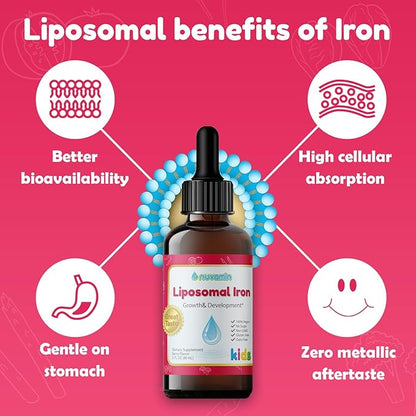 Nuvamin – Liquid Liposomal Iron Drops for Baby, Toddlers, Kids, & Adults, 2Fl.Oz (60ml), 120 Daily Serving. Great Taste - All Natural - Vegan - No Metallic Aftertaste, Berry Flavor