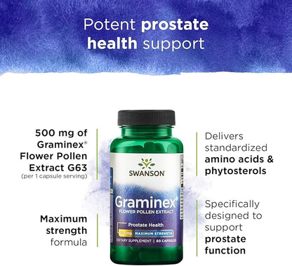 Swanson Maximum Strength Graminex Flower Pollen Extract - Supports Prostate Health, Urinary Tract Function, and Kidney Health - Mens Health Supplement - (60 Capsules, 500mg Each) (4 Pack)