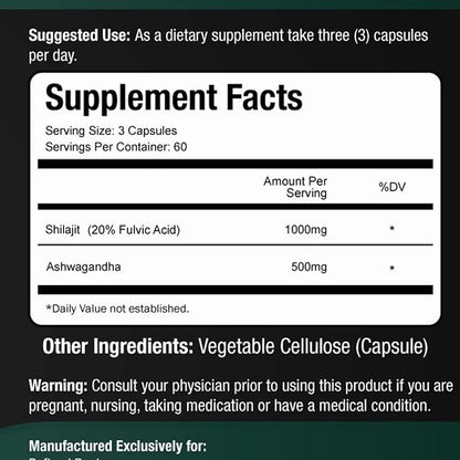 Shilajit Supplement 1000mg & Ashwagandha Supplements 500mg (180 (180 Capsules) (20% Fulvic