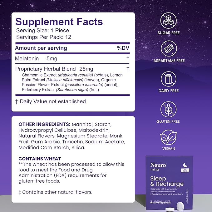 Neuro Melatonin 5mg Sleep & Recharge Mints (144 Pieces) - Fast Dissolve Melatonin Sugar Free Mints with Lemon Balm & Chamomile for Better Sleep - Calm Sleep Supplement for Adults - Night Berry Flavor