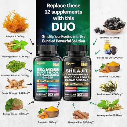 Zoyava Dynamic Vitality Bundle, Sea Moss 7000mg, Black 4000mg, Ashwagandha 2000mg, Ginger 9000mg, Rhodiola 1000mg, Panax (2 Pack)