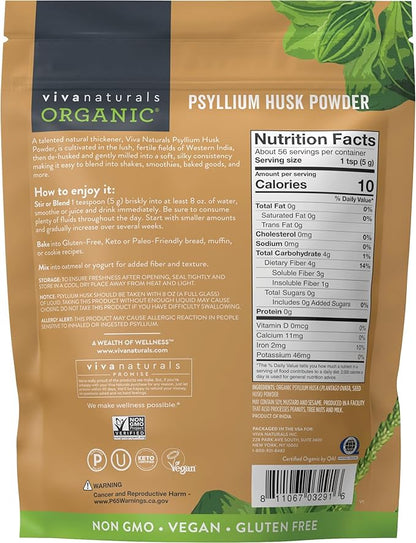 Viva Naturals Organic Psyllium Husk Powder, 10 oz - Finely Ground, Unflavored Plant Based Superfood - Good Source of Fiber for Gluten-Free Baking, Juices & Smoothies - Certified Vegan, Keto and Paleo