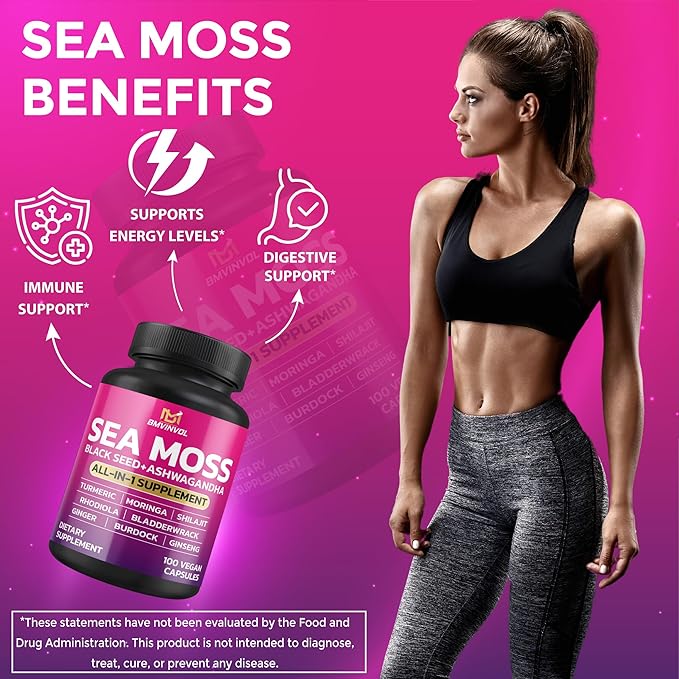BMVINVOL Sea Moss 6000mg Black Seed 4000mg Shilajit 2000mg Ashwagandha 2000mg + 100 Capsules