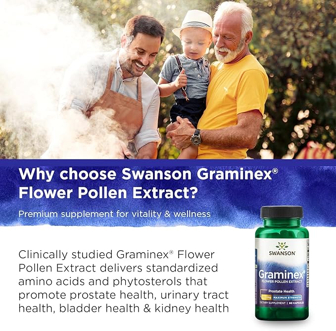 Swanson Maximum Strength Graminex Flower Pollen Extract - Supports Prostate Health, Urinary Tract Function, and Kidney Health - Mens Health Supplement - (60 Capsules, 500mg Each) (4 Pack)