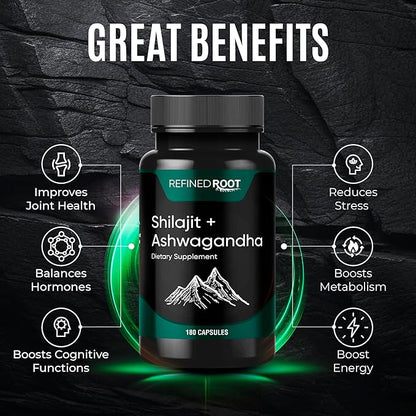 Shilajit Supplement 1000mg & Ashwagandha Supplements 500mg (180 (180 Capsules) (20% Fulvic