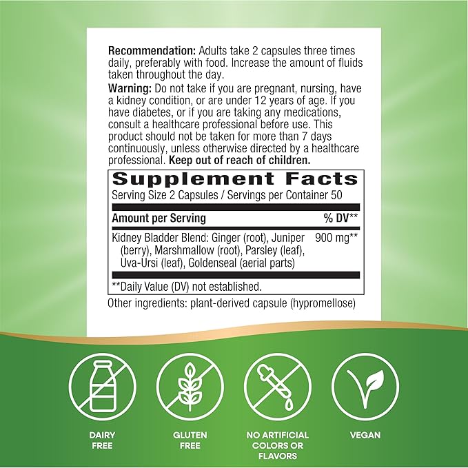 Nature's Way Kidney Bladder Premium Blend, Traditional Herbs Supplement, 900 mg per 2-Capsule Serving, Non-GMO Project Verified, Vegan, 100 Capsules (Packaging May Vary)