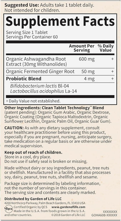 Garden of Life Organics Ashwagandha Stress, 2 Month 60 Tablets
