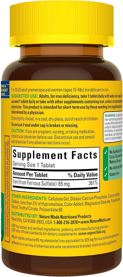 Nature Made Iron 65 mg (325 mg Ferrous Sulfate) Tablets, Dietary Supplement for Red Blood Cell Support, 180 Tablets, 180 Day Supply