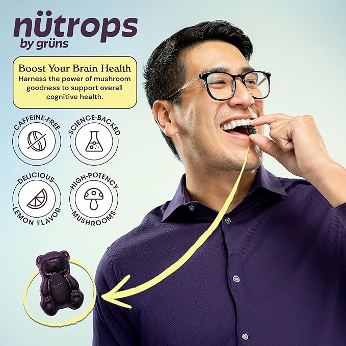 Nutrops Functional Nootropics Mushroom Gummies for adult, Herbal Brain Supplement Gummy, Energy, Brain Health, Cognitive Support, Focus - Lions Mane, Reishi, Chaga, Cordyceps, Coriolus Blend, 28 serve