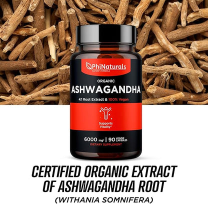 Ashwagandha Root Extract Capsules (Organic) Equivalent 6000 mg 1500 mg 500 mg 90 Count