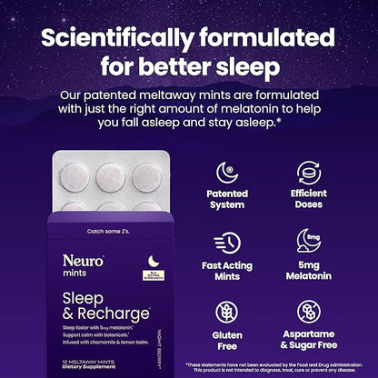 Neuro Melatonin 5mg Sleep & Recharge Mints (144 Pieces) - Fast Dissolve Melatonin Sugar Free Mints with Lemon Balm & Chamomile for Better Sleep - Calm Sleep Supplement for Adults - Night Berry Flavor