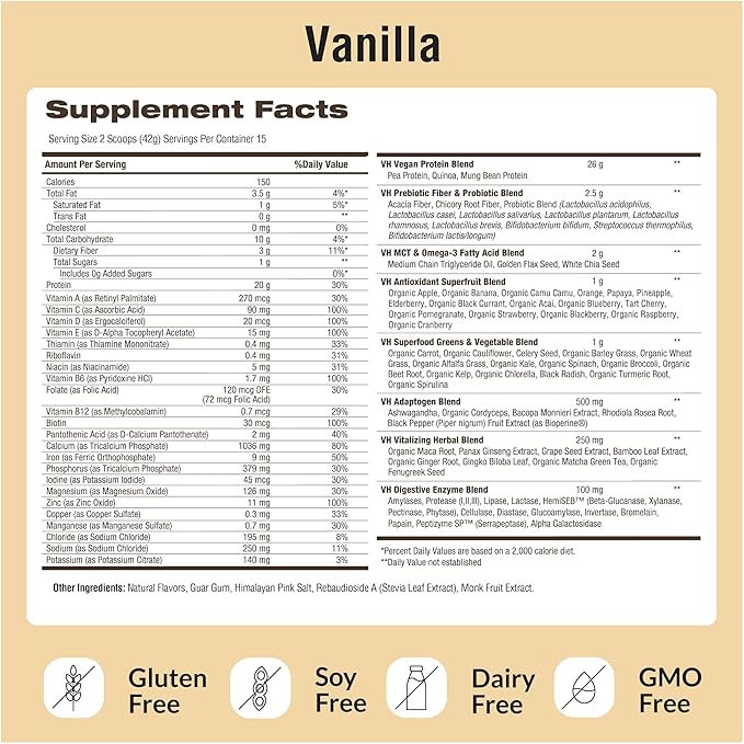 VitaHustle ONE - Superfood Meal Replacement Shake, Plant Based Protein Powder, Vegan. 86 Superfoods, Vitamins, & Minerals, Ashwagandha, Adaptogens. Founded by Kevin Hart. (Vanilla) 15 Servings