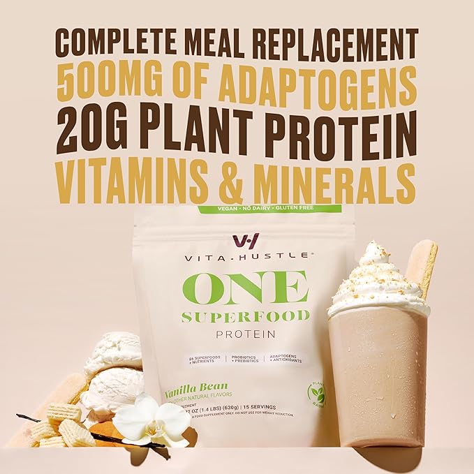 VitaHustle ONE - Superfood Meal Replacement Shake, Plant Based Protein Powder, Vegan. 86 Superfoods, Vitamins, & Minerals, Ashwagandha, Adaptogens. Founded by Kevin Hart. (Vanilla) 15 Servings