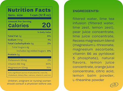 Recess Mood Magnesium Supplement Drink Calming 12 Ounce, 12 (Lime 12 Pack)