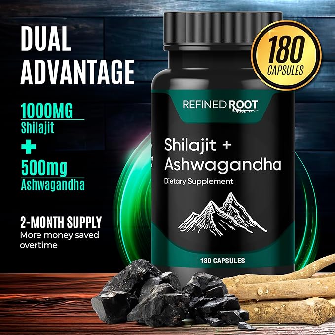 Shilajit Supplement 1000mg & Ashwagandha Supplements 500mg (180 (180 Capsules) (20% Fulvic