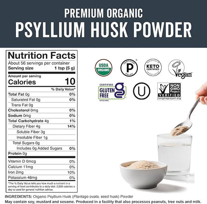 Viva Naturals Organic Psyllium Husk Powder, 10 oz - Finely Ground, Unflavored Plant Based Superfood - Good Source of Fiber for Gluten-Free Baking, Juices & Smoothies - Certified Vegan, Keto and Paleo