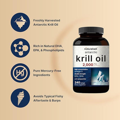 Antarctic Krill Oil 2000mg Supplement, 240 3X Strength Omega-3s, EPA 240mg + 160mg + 800mcg –