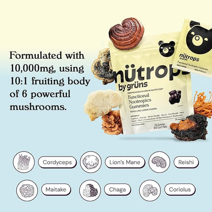 Nutrops Functional Nootropics Mushroom Gummies for adult, Herbal Brain Supplement Gummy, Energy, Brain Health, Cognitive Support, Focus - Lions Mane, Reishi, Chaga, Cordyceps, Coriolus Blend, 28 serve