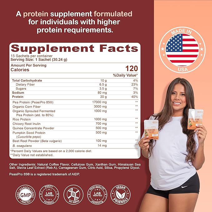 Vegan Care Coffee Protein Powder, 20g 6.5g, Probiotics 15 individual