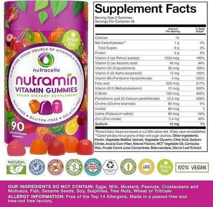 NUTRAMIN Daily Vegan Keto Multivitamin Gummies D2, and B6, B12 B12 & 90 Count, 45 Days