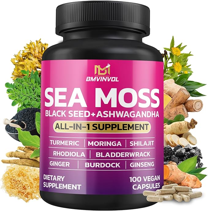 BMVINVOL Sea Moss 6000mg Black Seed 4000mg Shilajit 2000mg Ashwagandha 2000mg + 100 Capsules