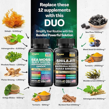 Zoyava Dynamic Vitality Bundle, Sea Moss 7000mg, Black 4000mg, Ashwagandha 2000mg, Ginger 9000mg, Rhodiola 1000mg, Panax (3 Pack)