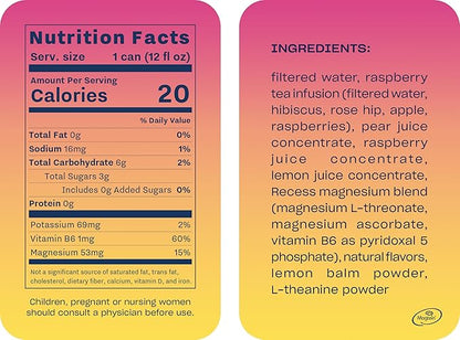 Recess Mood Magnesium Supplement Drink Calming 12 Ounce, 12 (Raspberry 12 Pack)