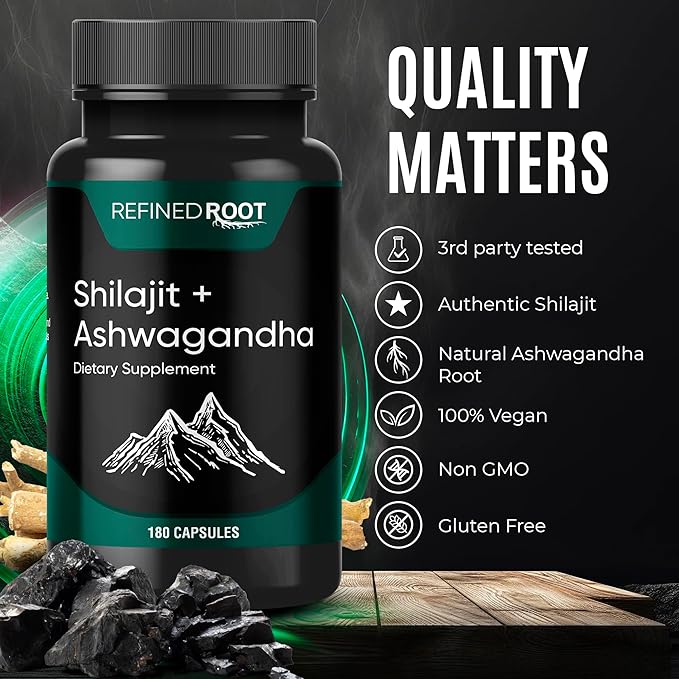 Shilajit Supplement 1000mg & Ashwagandha Supplements 500mg (180 (180 Capsules) (20% Fulvic