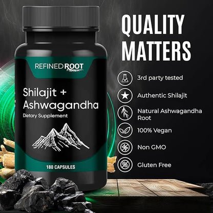 Shilajit Supplement 1000mg & Ashwagandha Supplements 500mg (180 (180 Capsules) (20% Fulvic