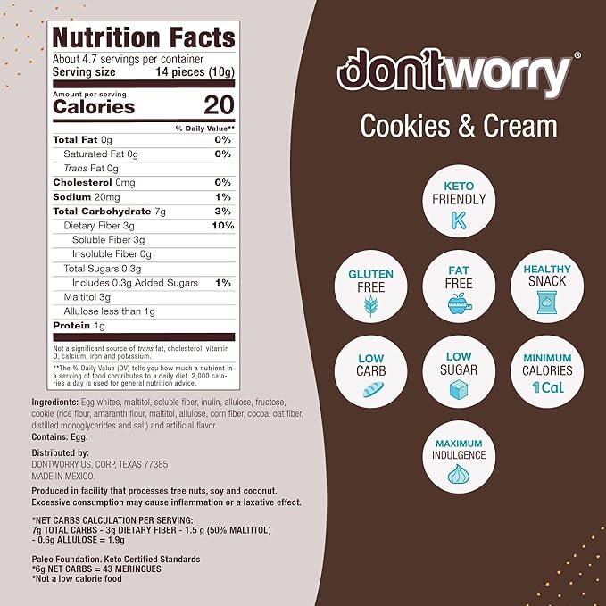 Don't Worry Keto Friendly Meringue Cookies - Cookies & Cream, Only 1 Calorie per piece!, Healthy Candy, Gluten Free Snacks for Adults, Low Carb, Low Sugar Snacks - 4 Pack