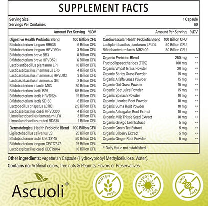 Ascuoli Probiotics for Women & Men 300 Billion 22 Strains 15 Organic 60 Capsule
