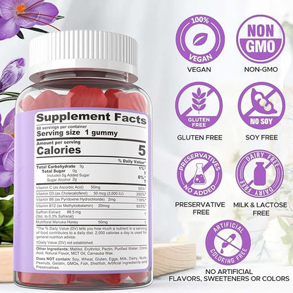 Saffron Gummies - Saffron Supplement Gummies 100% Pure B6, B12, B12, D3, D3, C 60Cts